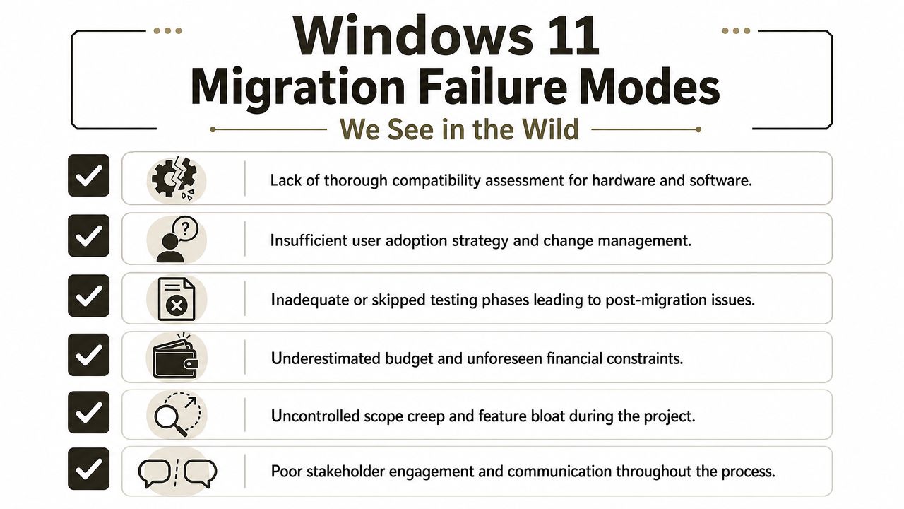 A list of six common failure modes for Windows 11 migration projects depicted with icons and text.