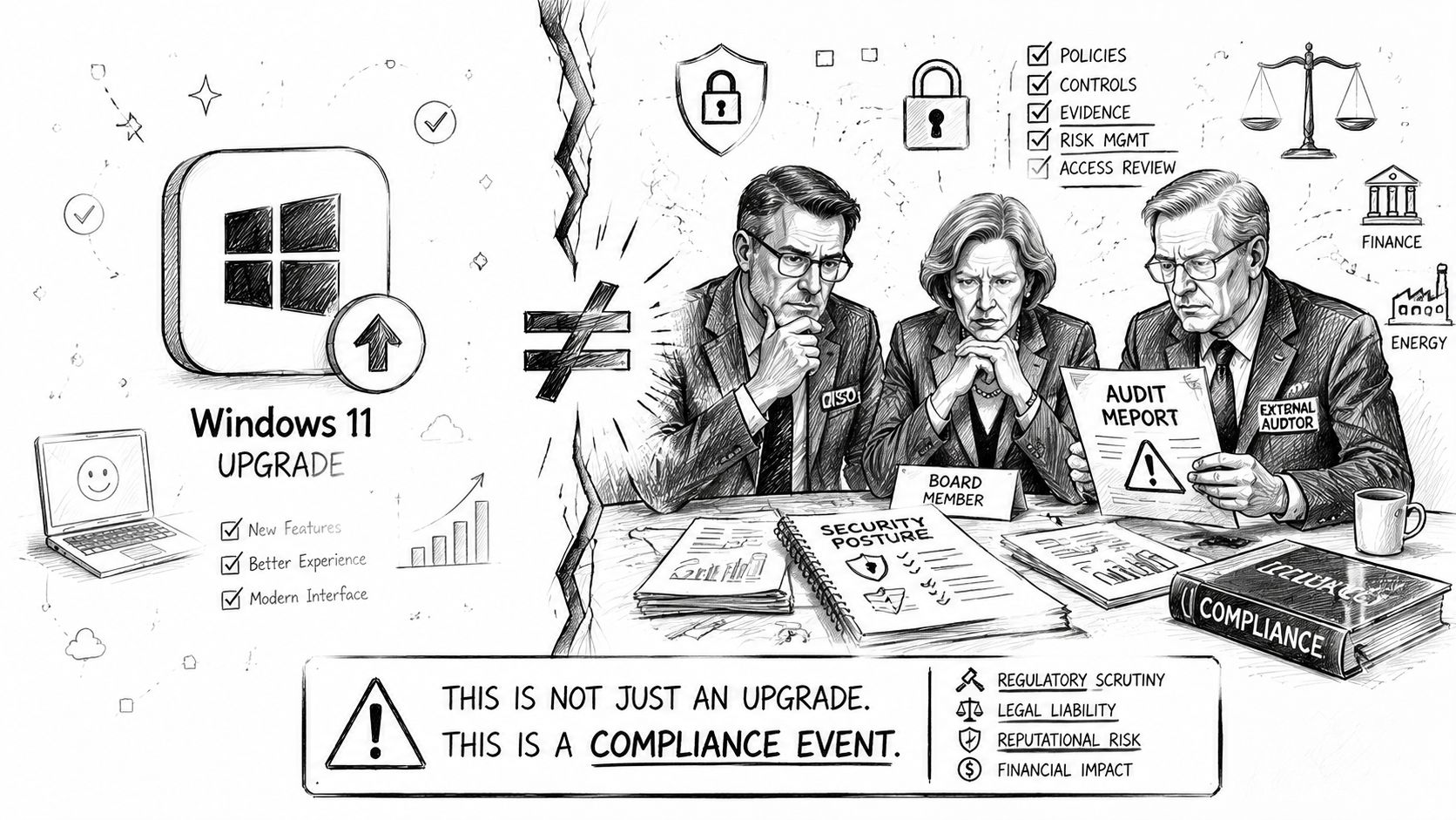 An illustration contrasting Windows 11 upgrade features with the significant compliance and audit implications for corporate leadership.