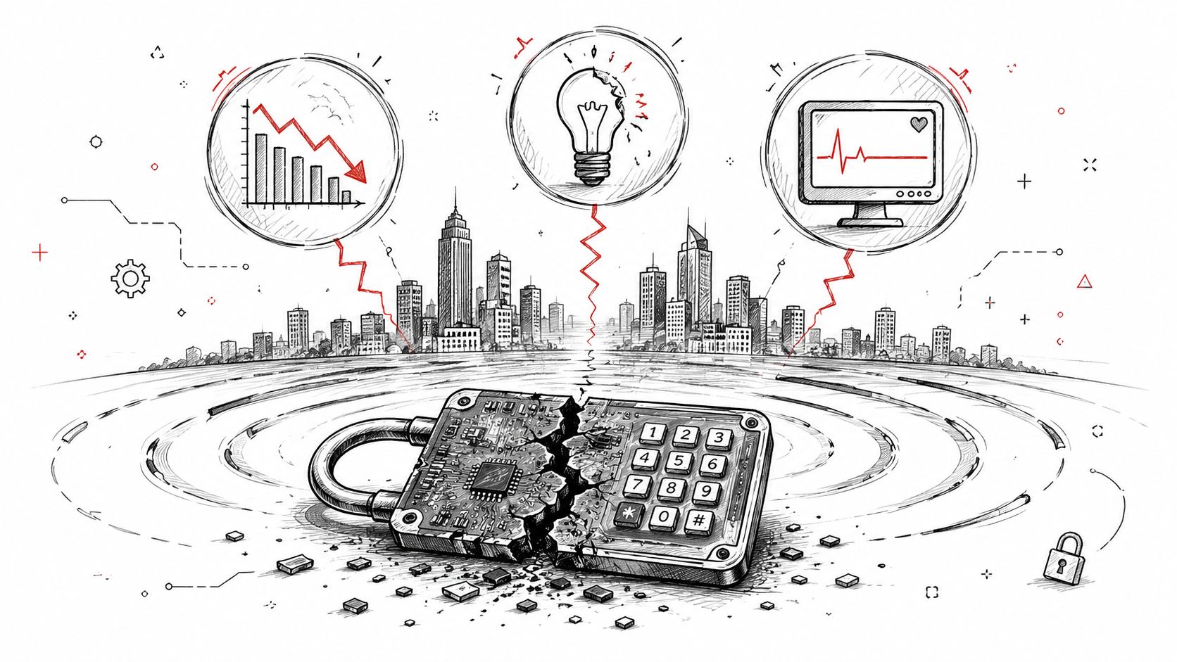 A broken electronic keypad lock in a city scene symbolizing cybersecurity threats and digital system failure.