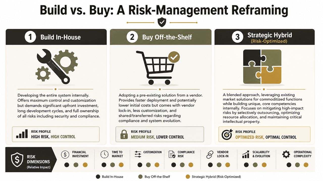 A comparison chart outlining the risk management strategies for Build In-House, Buy Off-the-Shelf, and Strategic Hybrid business models.