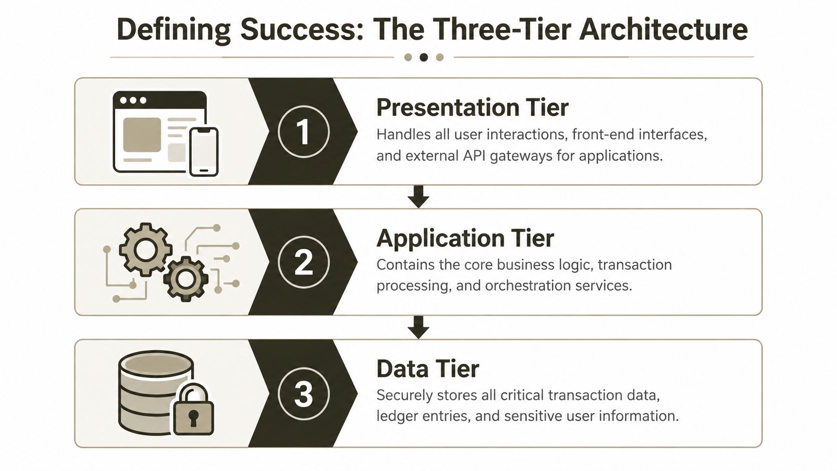 A diagram illustrating the three-tier architecture model consisting of presentation, application, and data tiers for software systems.