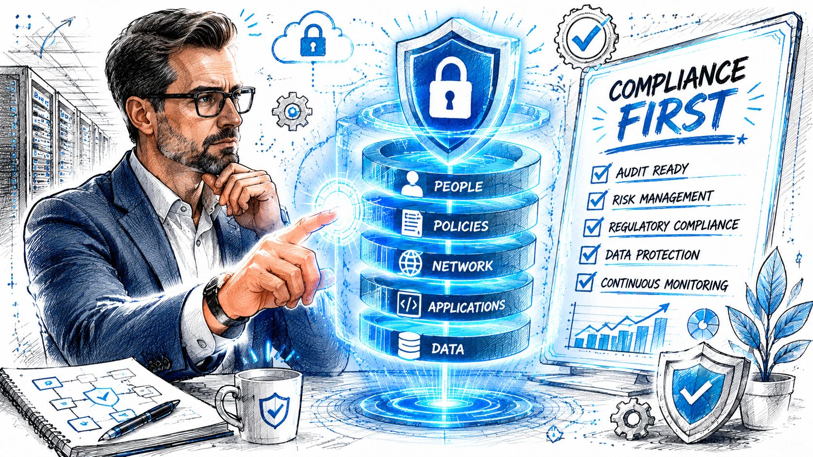 A professional man interacting with a digital holographic security display showing compliance pillars and business checklist.