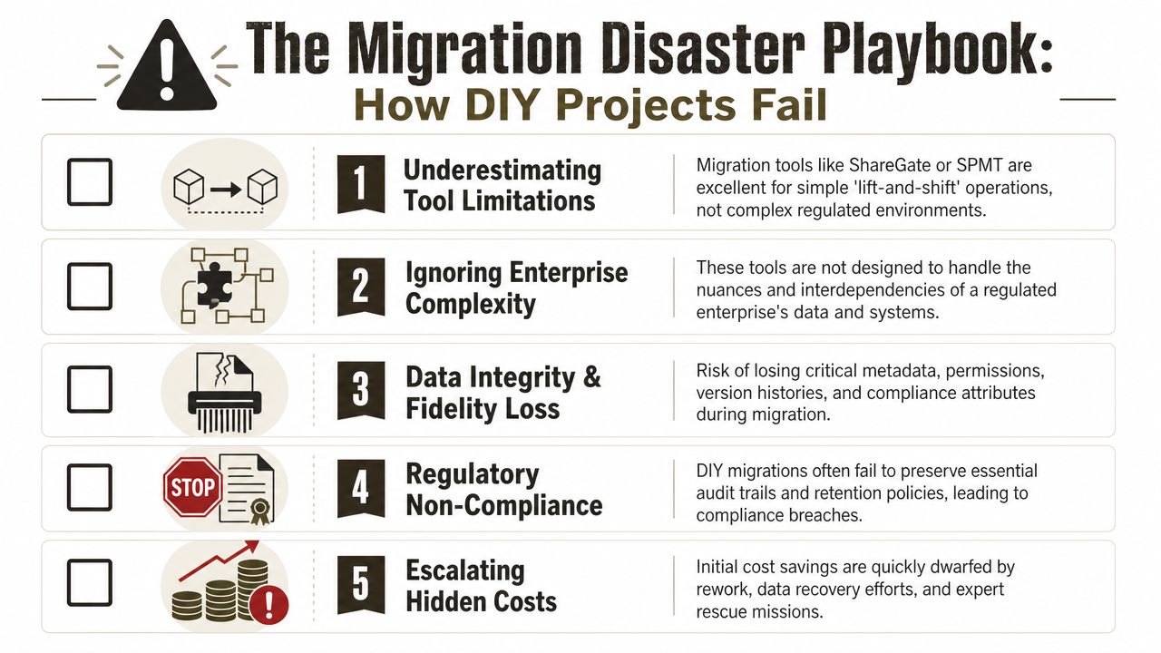 An infographic detailing five common reasons why DIY migration projects fail in enterprise technology environments.