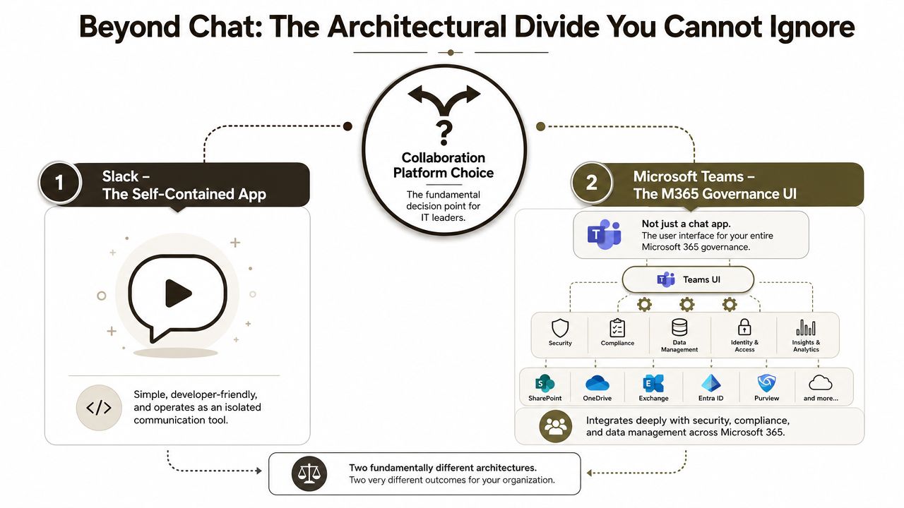 An infographic comparing the different architectural approaches of Slack and Microsoft Teams for organizational collaboration platforms.