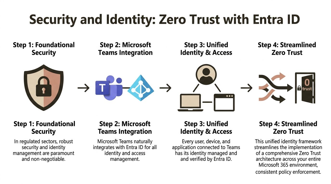 A four-step infographic illustrating the progression from foundational security to a streamlined Zero Trust architecture with Entra ID.