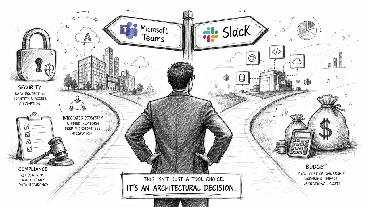A business professional stands at a fork in the road deciding between Microsoft Teams and Slack software.