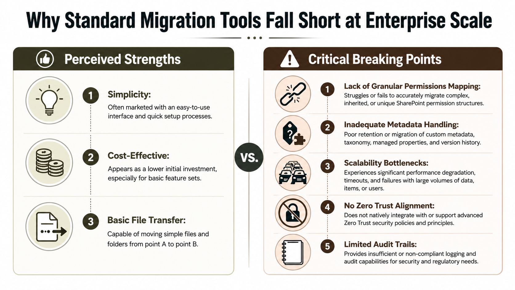 A comparison chart highlighting the perceived strengths versus the critical breaking points of enterprise migration tools.