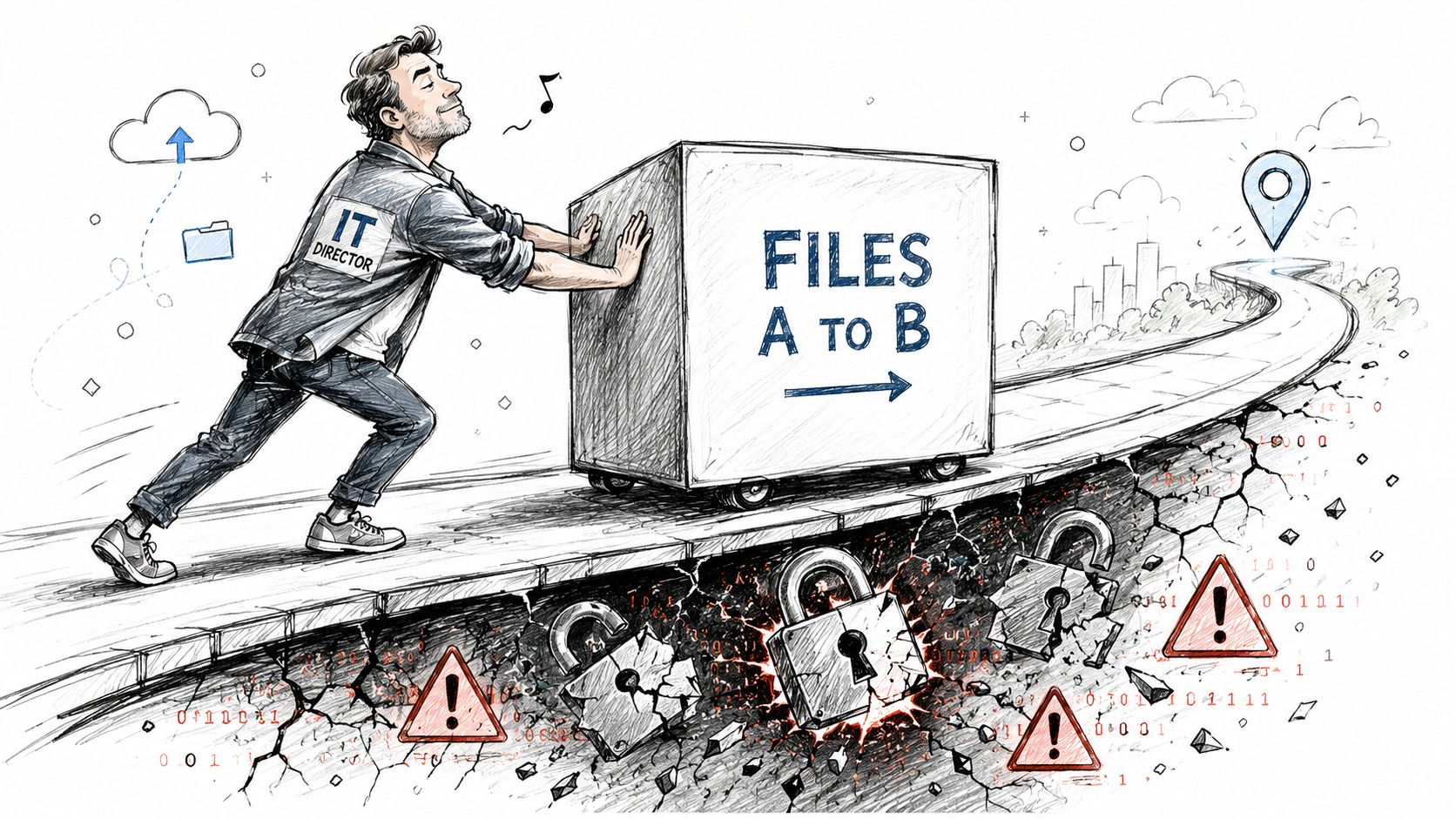 An IT Director confidently pushing a heavy crate labeled Files A to B over dangerous security threats.