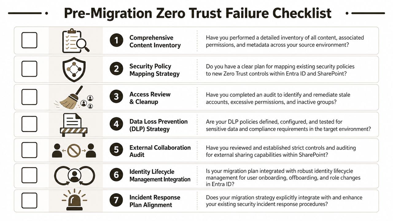 A checklist for pre-migration zero trust planning featuring seven essential security steps for IT professionals and administrators.