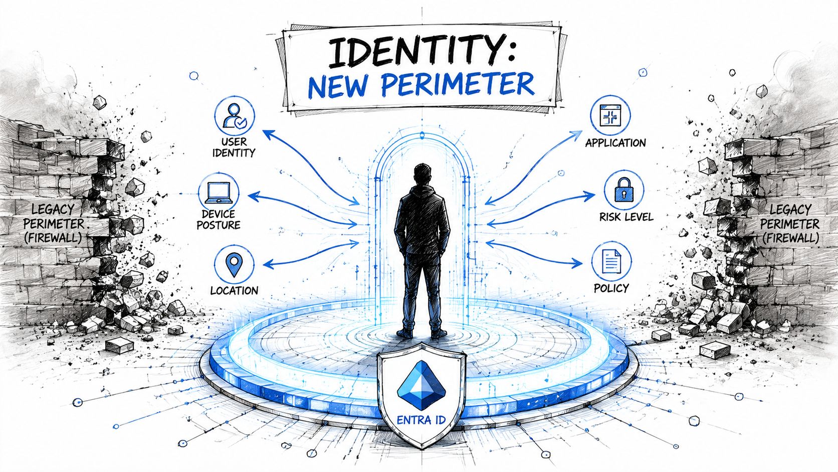 A digital illustration showing a person standing in a portal, symbolizing identity as the new security perimeter.