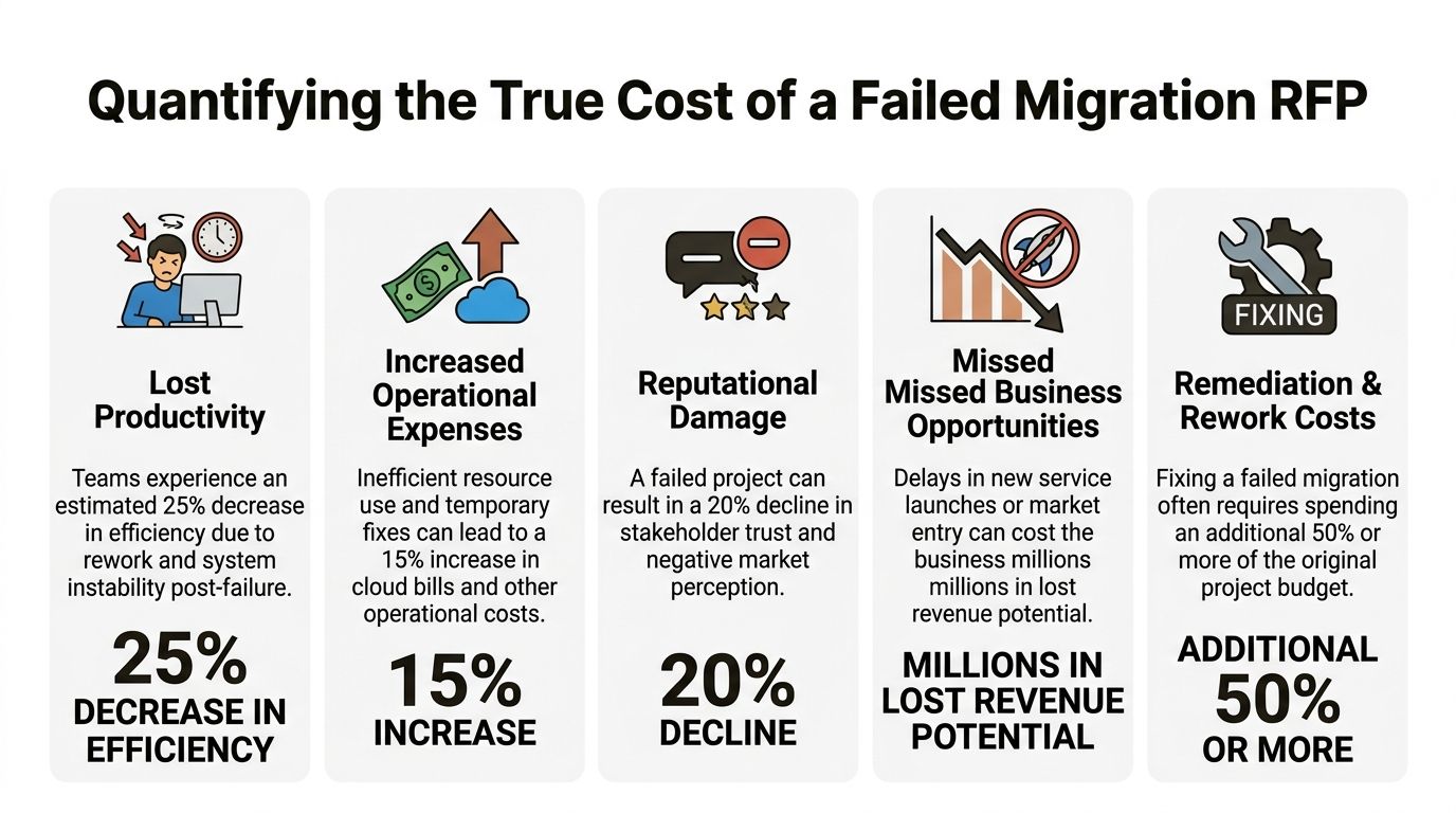 An infographic detailing the financial and operational risks and costs of a failed cloud migration RFP project.
