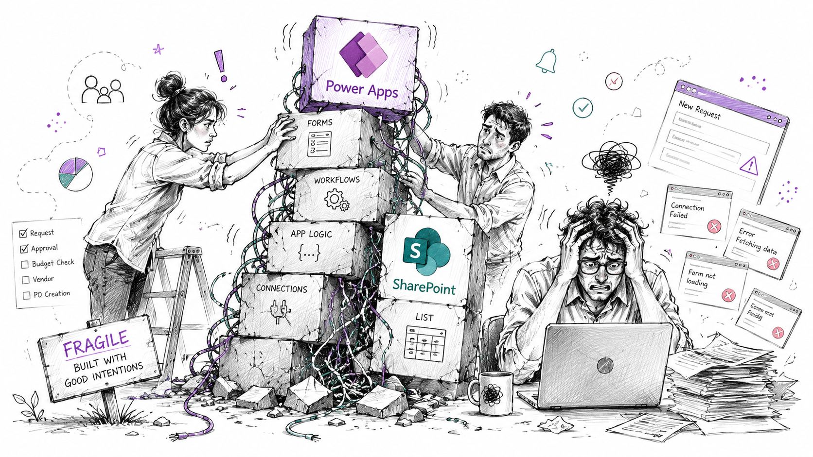 A chaotic illustration of people struggling to build a fragile digital system using Power Apps and SharePoint.