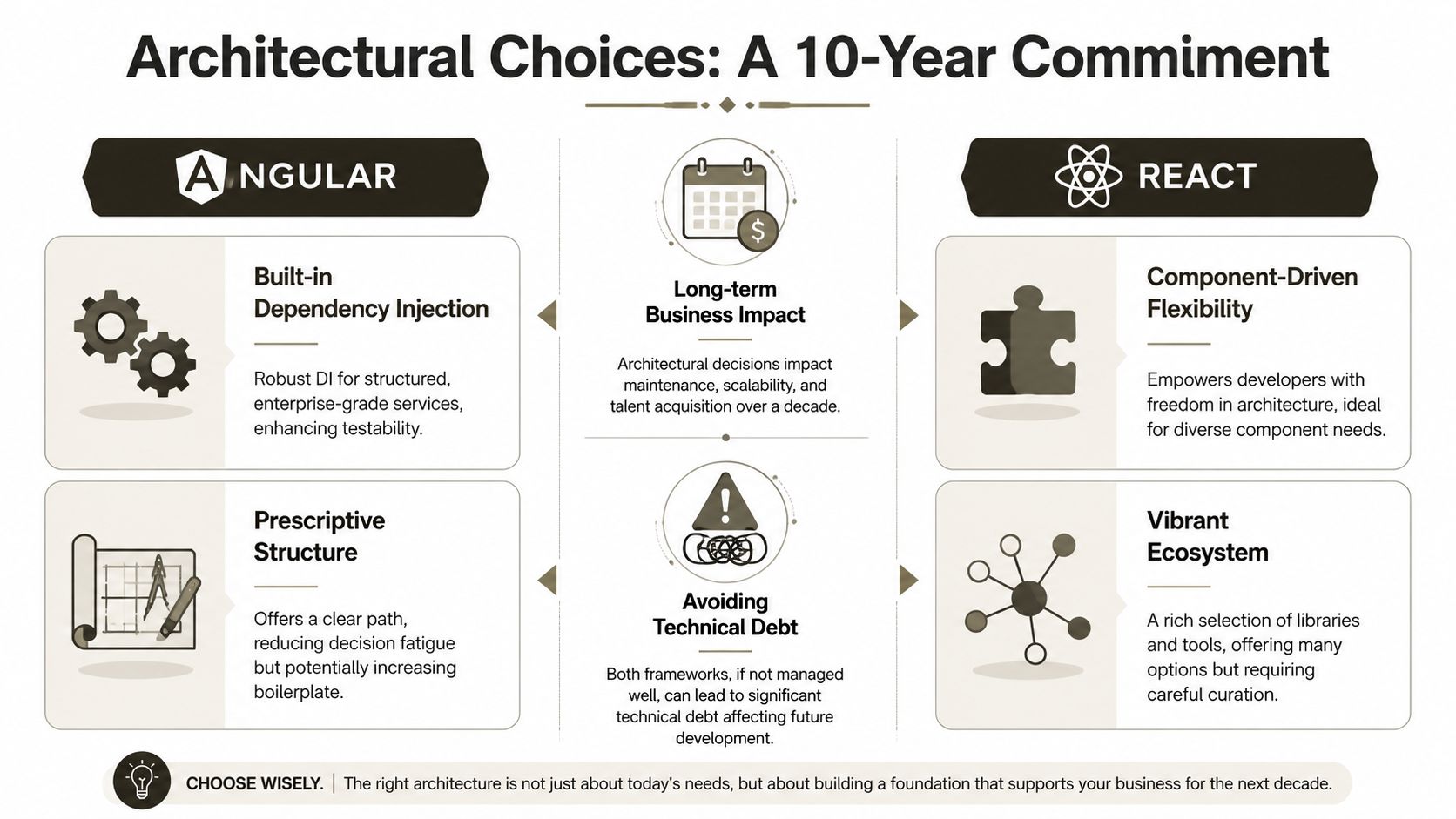 A comparison infographic between Angular and React frameworks regarding long-term architectural business decisions and technical debt.