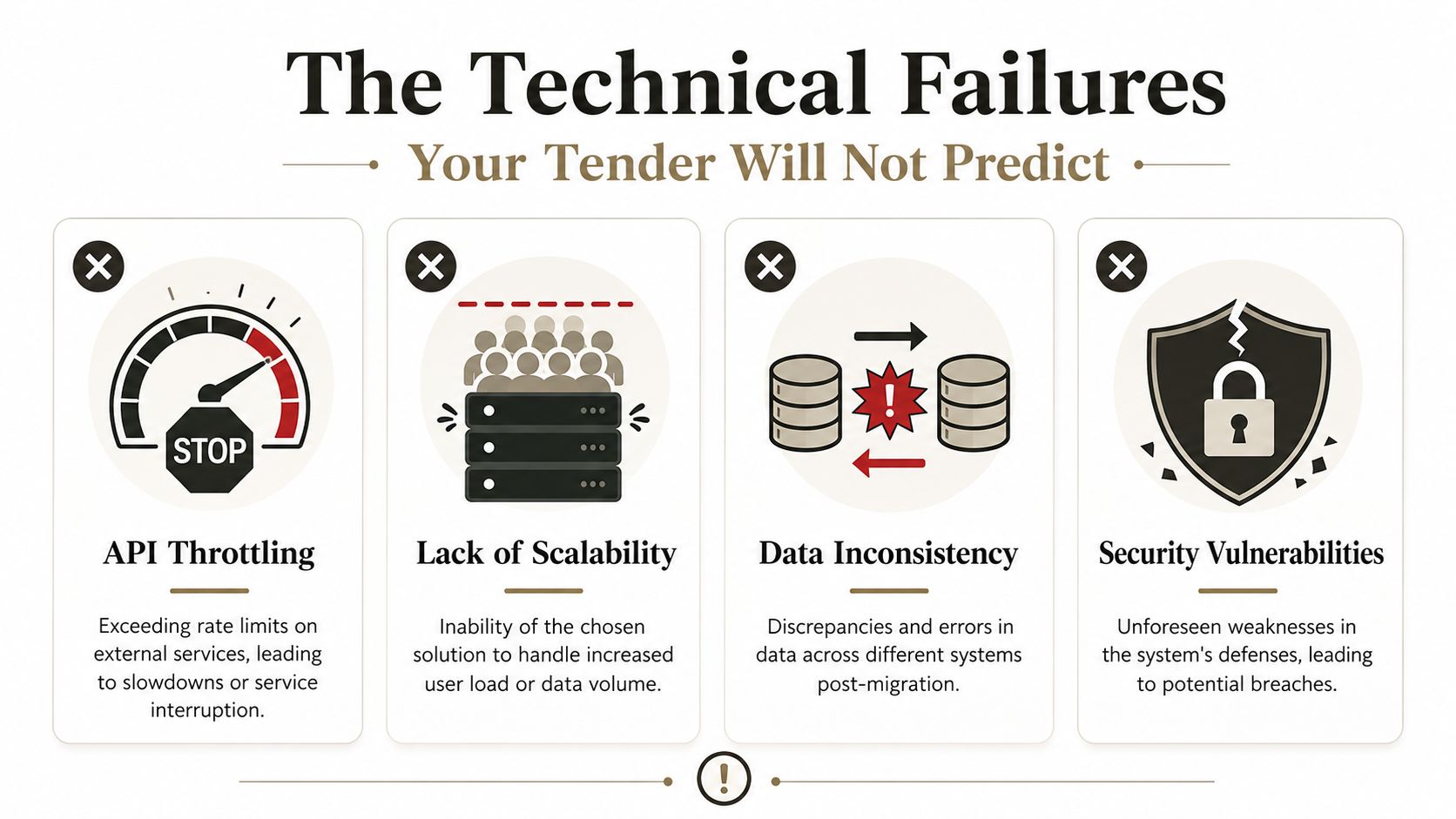 An infographic illustrating four common technical failures: API throttling, lack of scalability, data inconsistency, and security vulnerabilities.