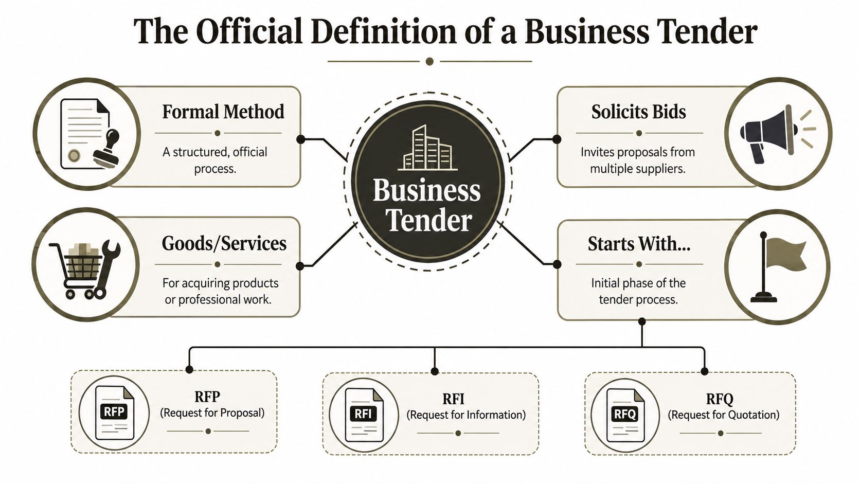 A chart explaining the official definition of a business tender, its components, and common request types.