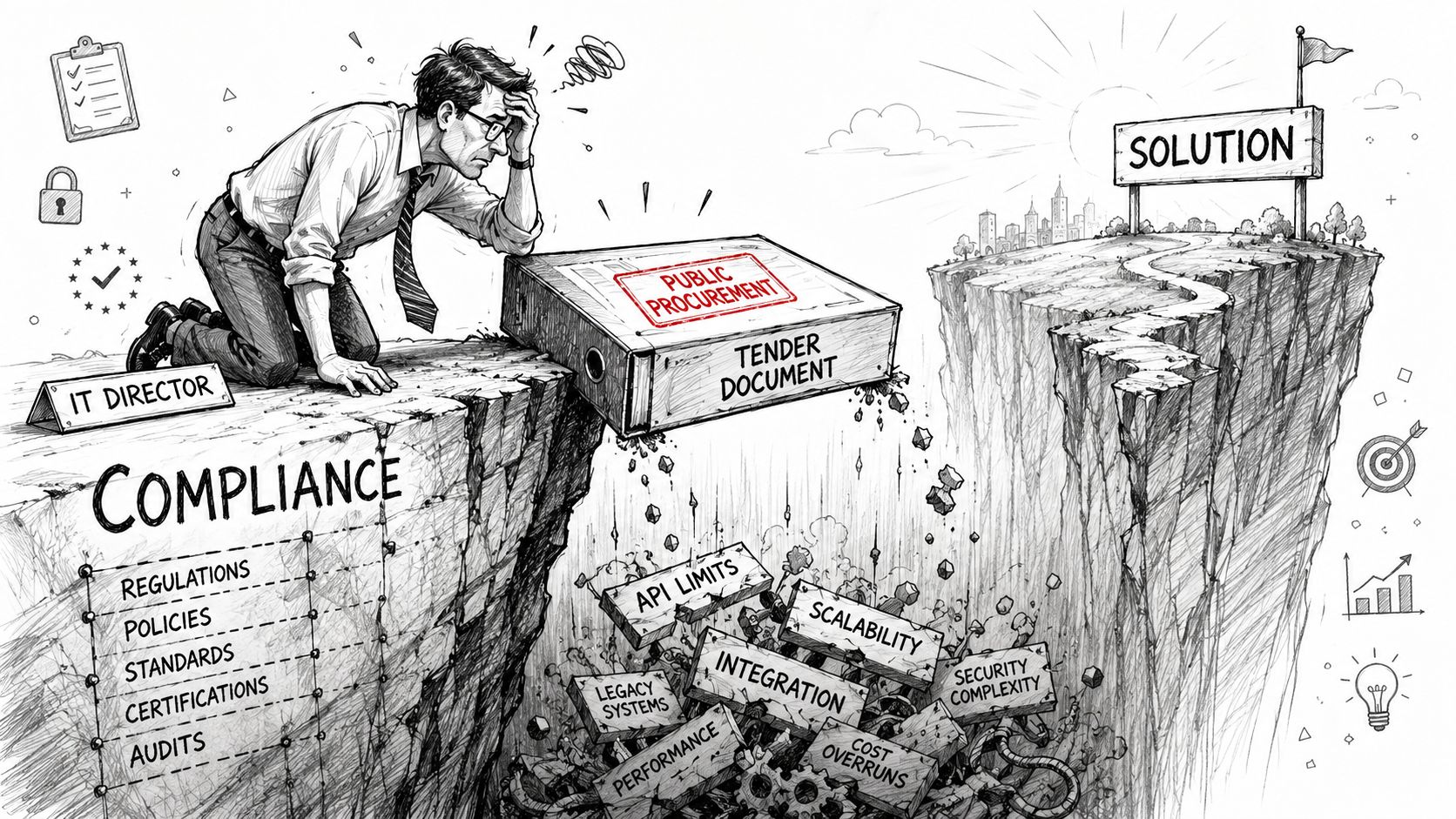 An IT director struggling to cross a gap using a tender document as a bridge toward a solution.