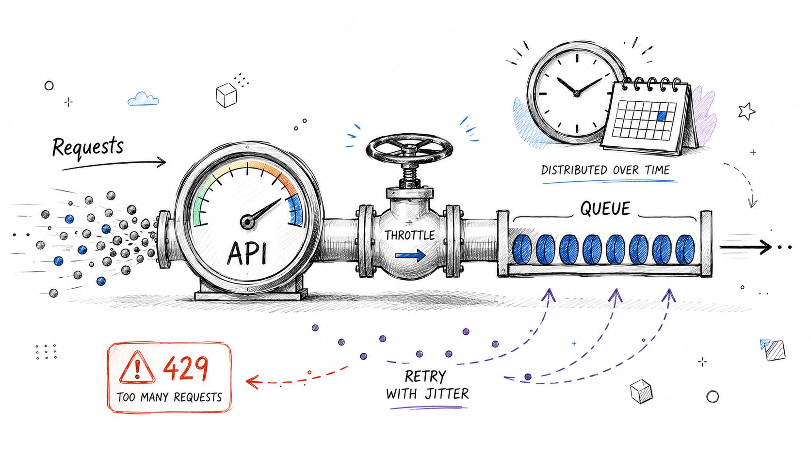 A hand-drawn illustration showing API throttling, request queuing, and a 429 error rate limiting mechanism.