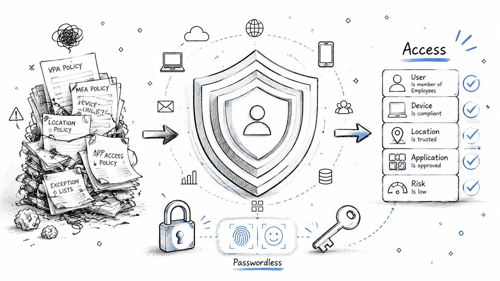 A diagram illustrating zero trust security architecture with access policies, identity verification, and compliant device checks.