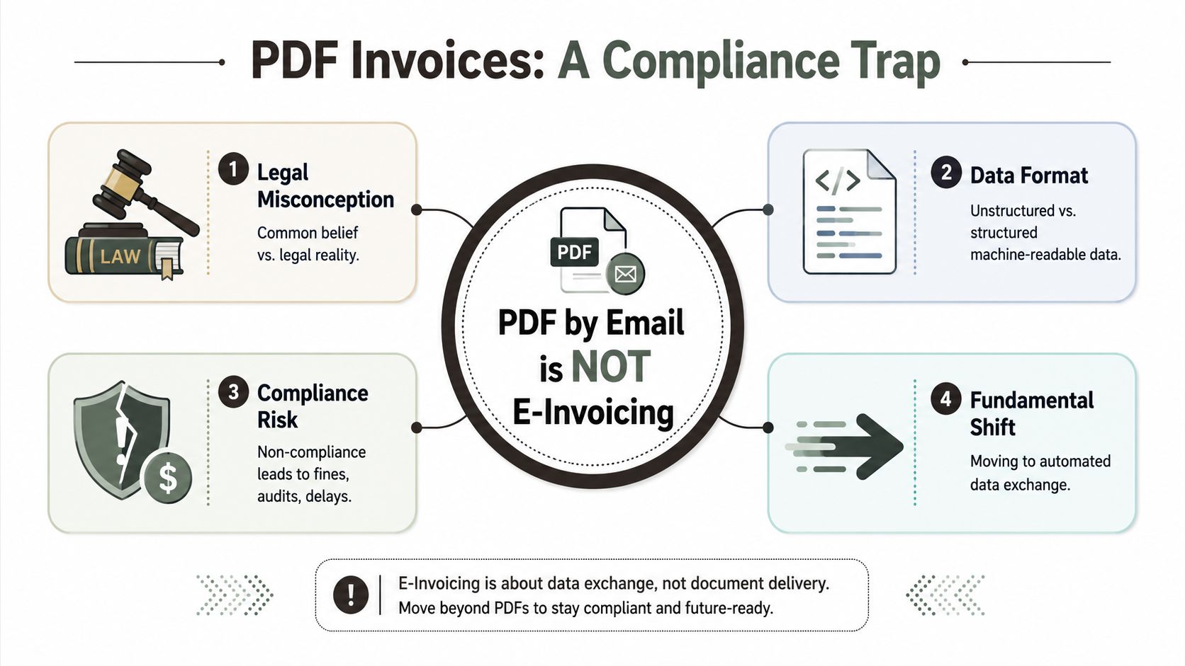 An infographic explaining why sending PDF invoices via email does not constitute official electronic invoicing compliance.