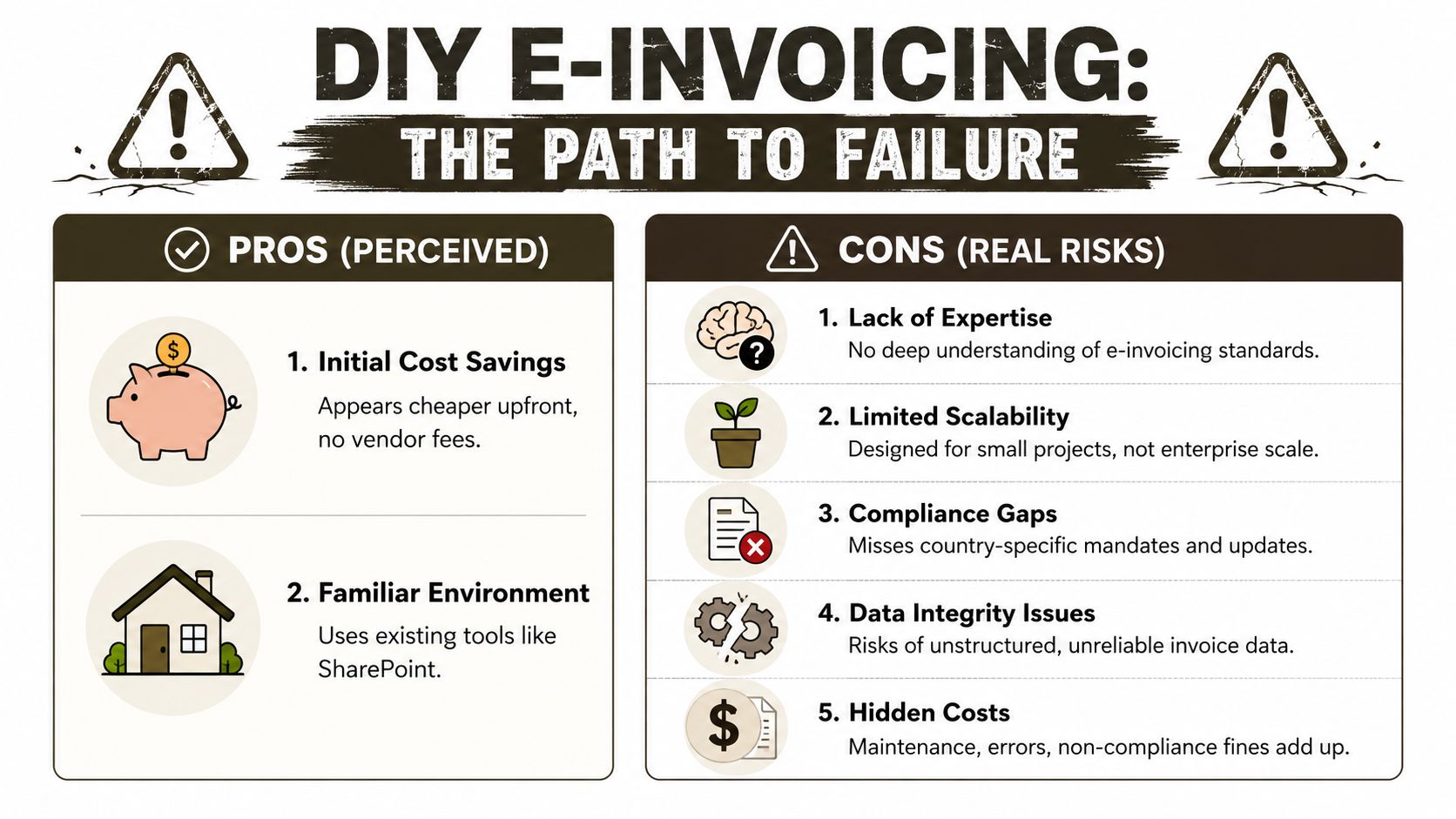 An infographic titled DIY E-Invoicing: The Path to Failure, comparing perceived pros against real business risks.