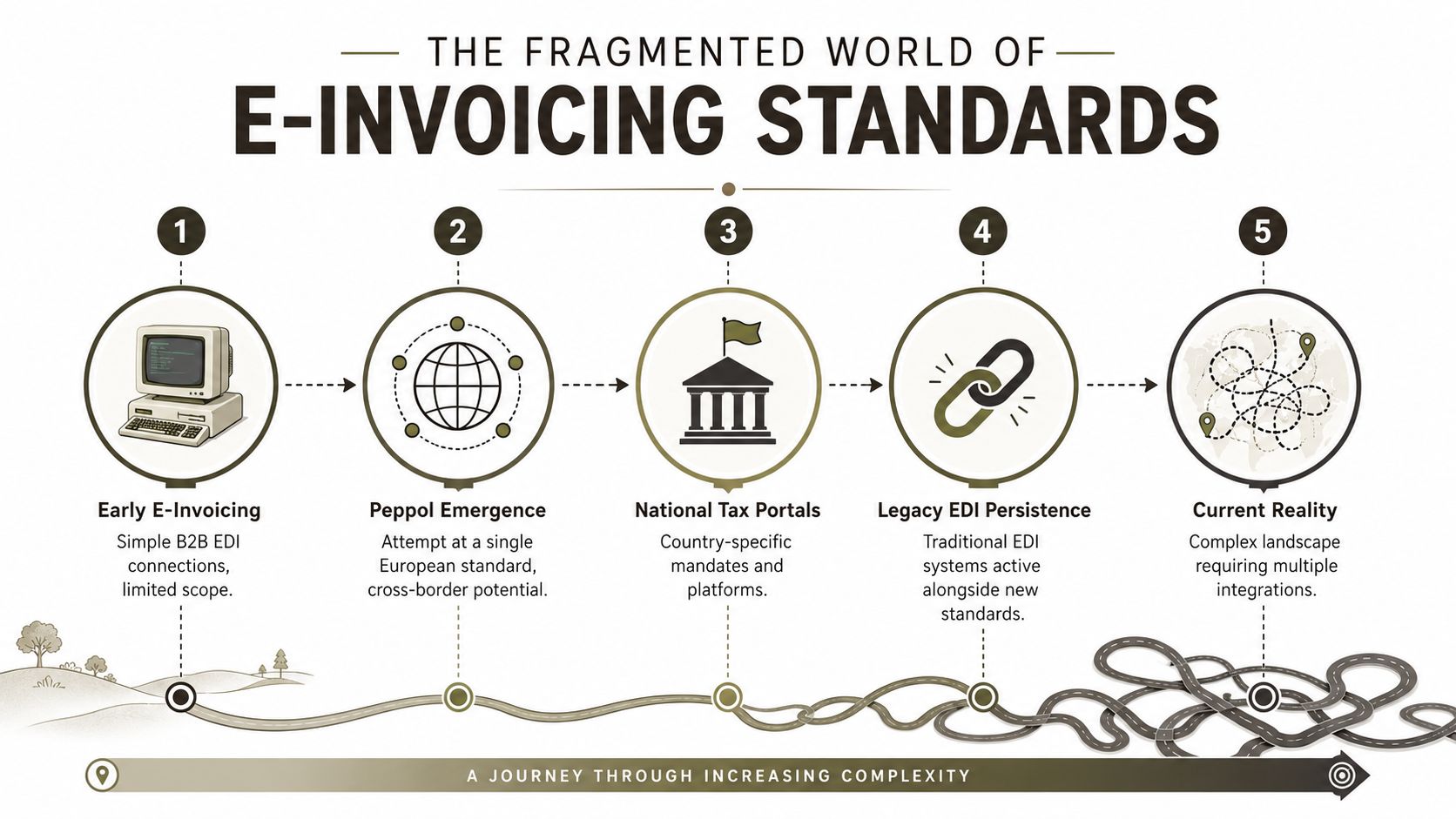 A diagram illustrating the evolution of e-invoicing standards, moving from early simple systems to today's complex landscape.