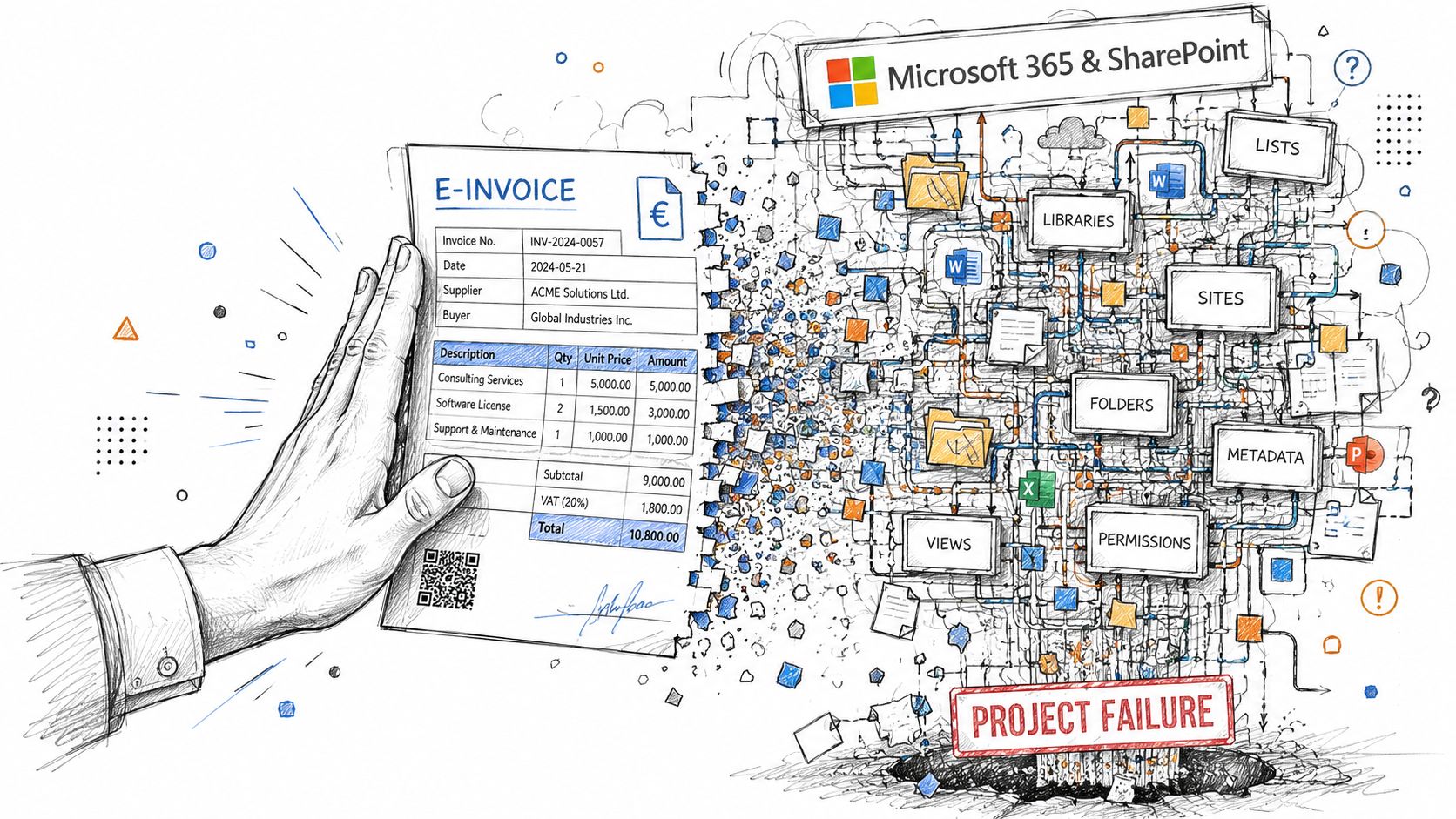 An illustration showing an electronic invoice transitioning into a complex Microsoft 365 and SharePoint digital infrastructure.