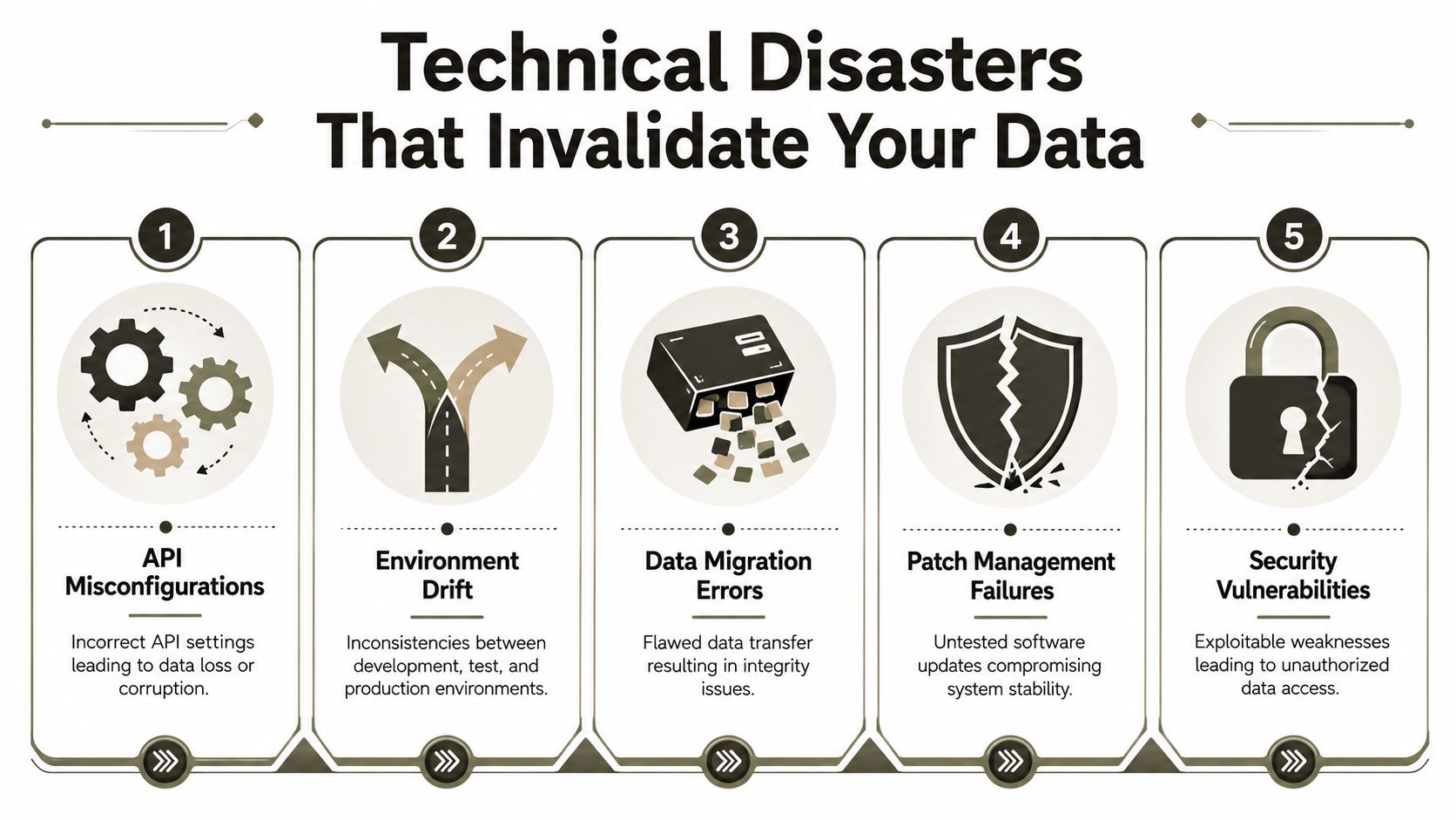 An infographic titled Technical Disasters That Invalidate Your Data, listing five common causes of data integrity issues.