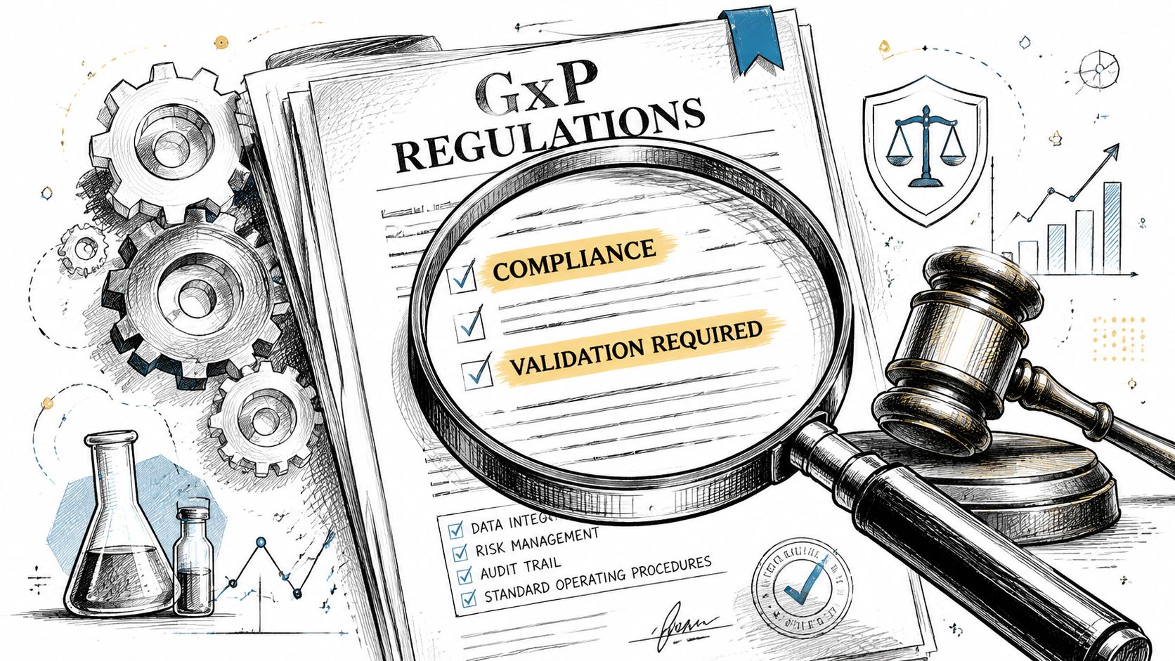 A magnifying glass inspecting a document titled GxP Regulations with checkboxes for compliance and validation requirements.