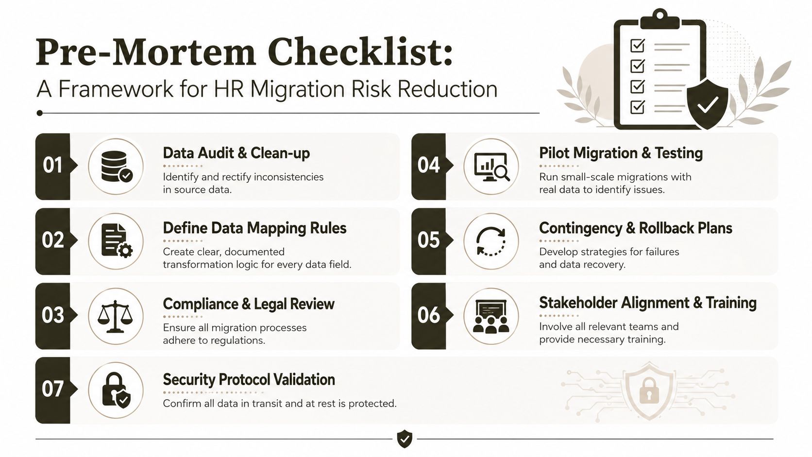 A pre-mortem checklist infographic for reducing risks during HR system software migration projects.
