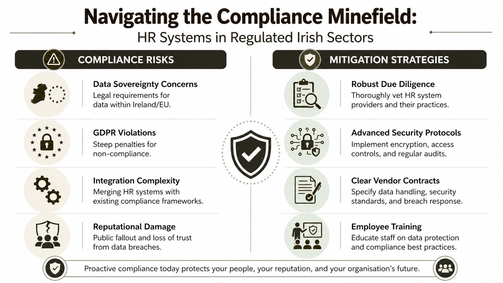 An infographic titled Navigating the Compliance Minefield outlining HR system risks and mitigation strategies in Ireland.