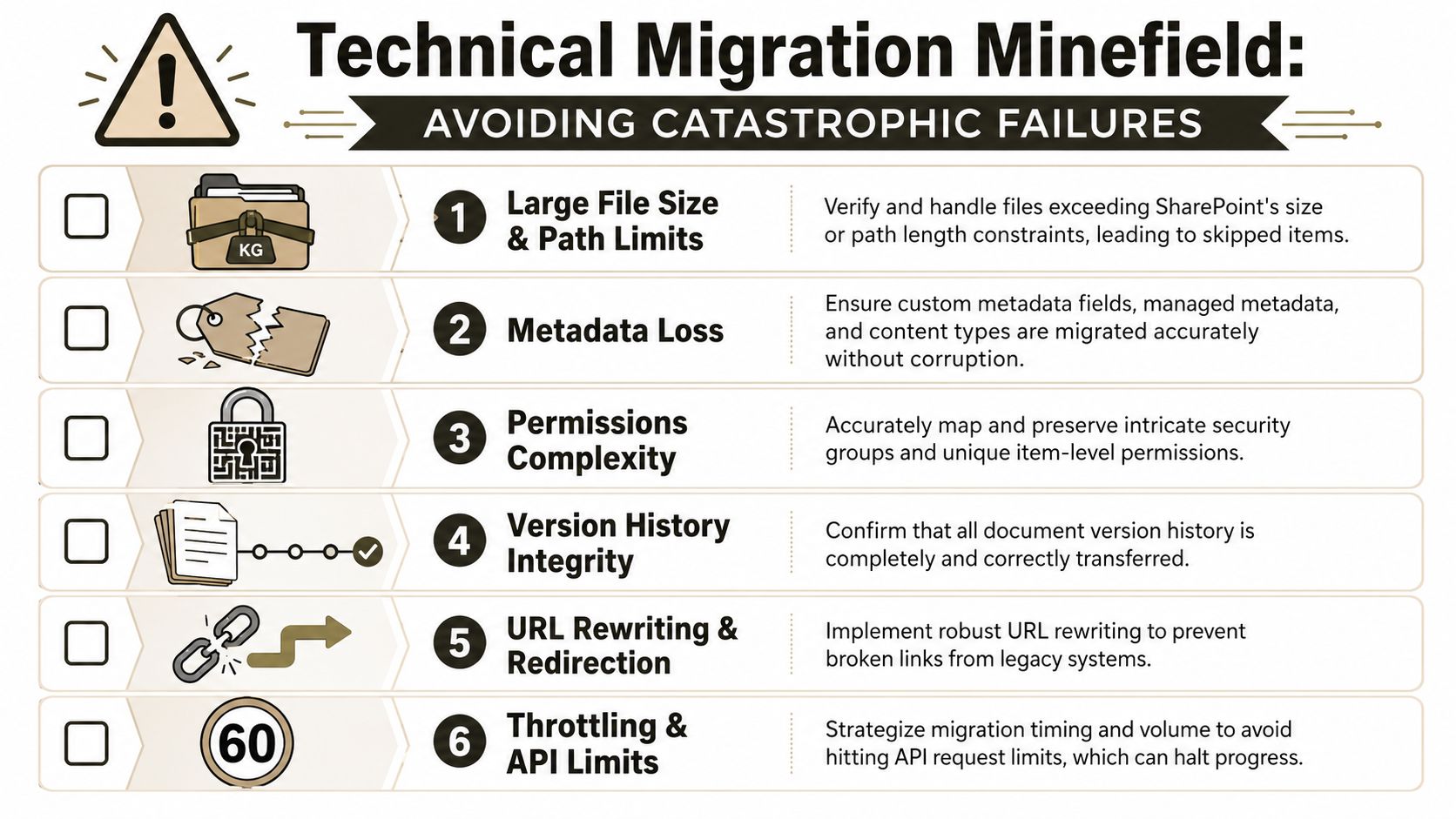 A checklist infographic detailing six key technical migration challenges and risks for SharePoint data migrations.