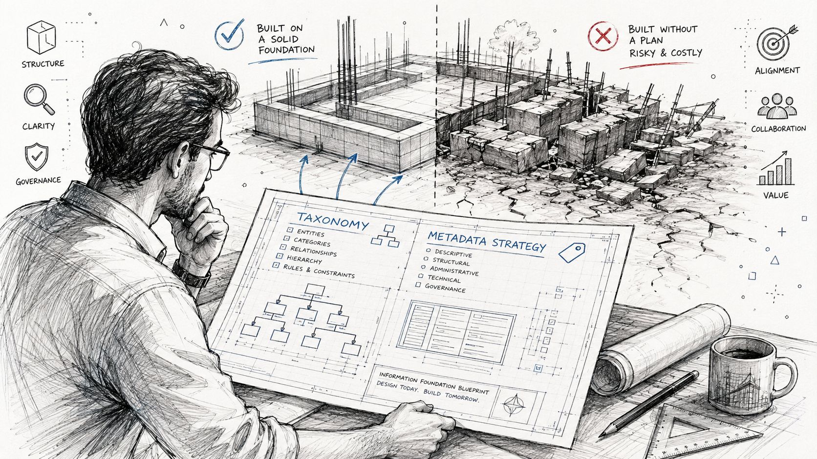A professional architect sketching a detailed blueprint for information taxonomy and metadata strategy on a desk.