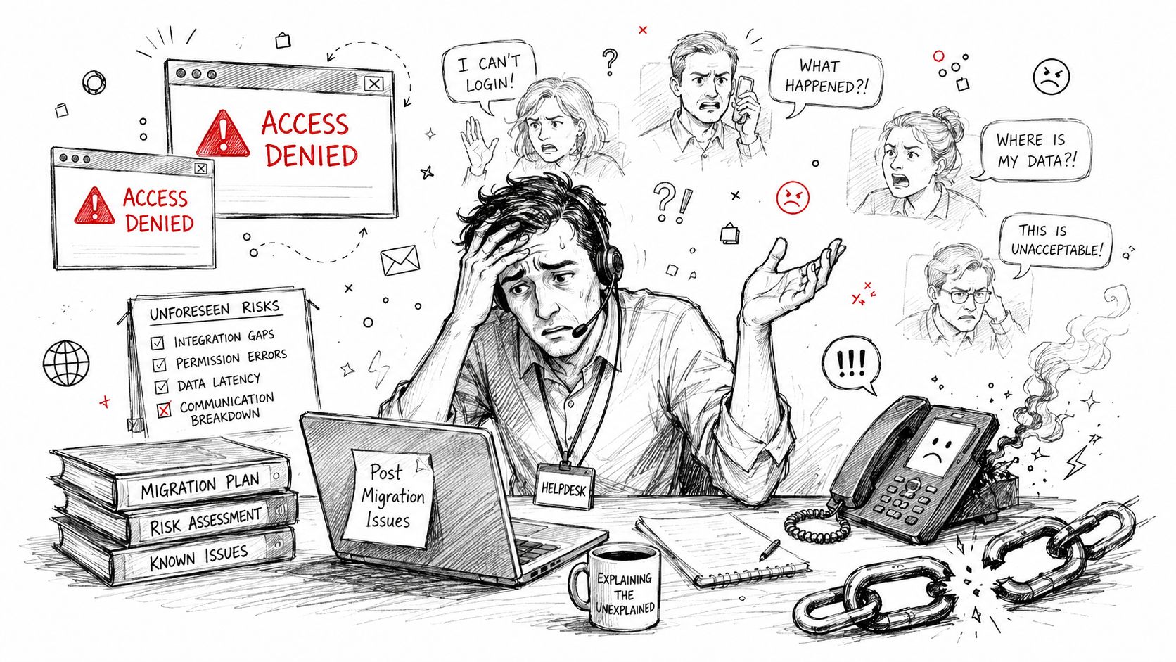 A stressed IT helpdesk employee facing technical challenges, angry users, and system failures after a difficult migration.