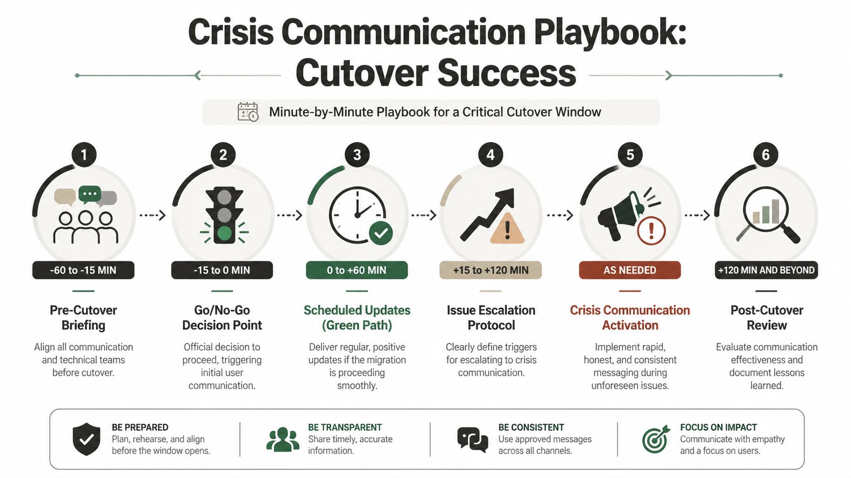A six-step infographic outlining a crisis communication playbook for managing a critical IT system cutover window.