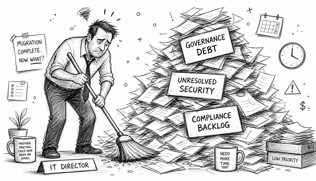 An exhausted IT director sweeping a large pile of documents labeled with compliance and security debt.
