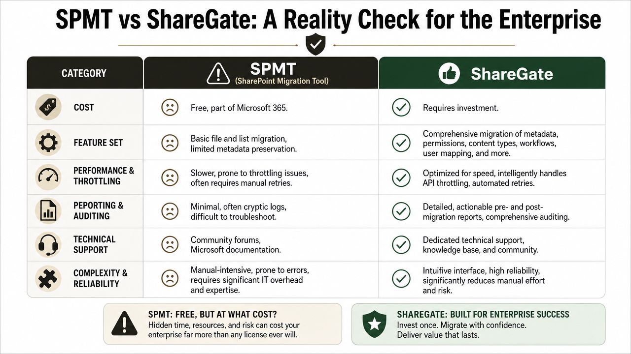 A comparison table between the SharePoint Migration Tool and ShareGate, highlighting features, performance, and cost differences.