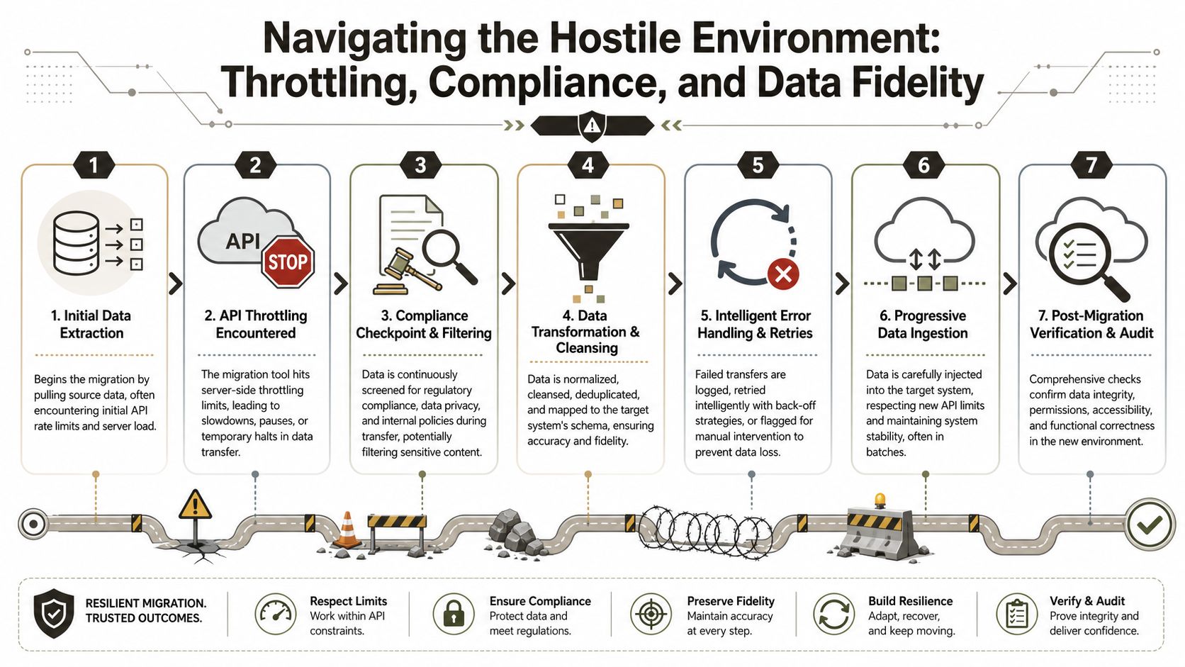 A diagram illustrating the seven stages of data migration in a hostile technical environment.