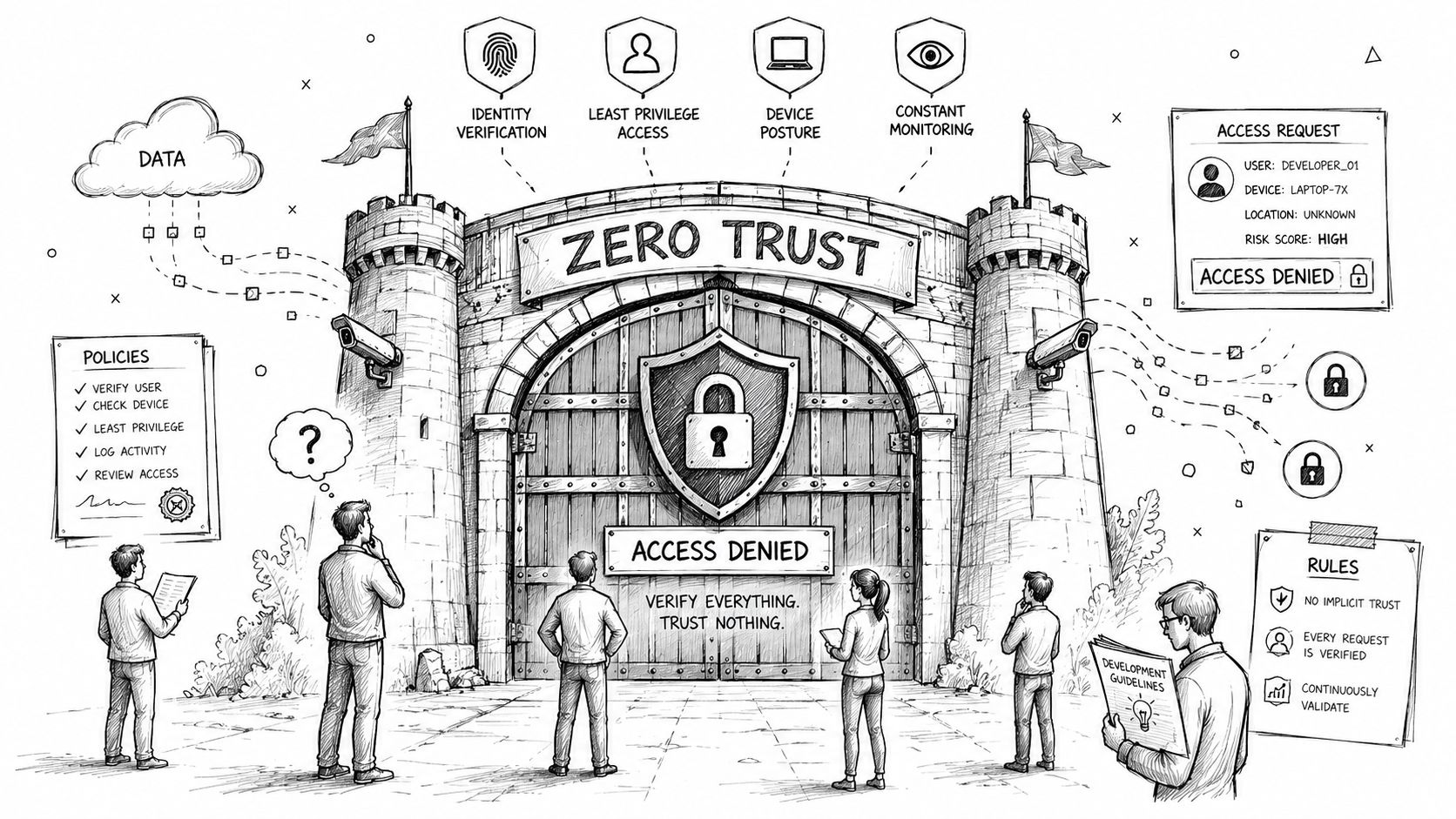 A hand-drawn illustration depicting a Zero Trust security castle model with denied access for unauthorized users.
