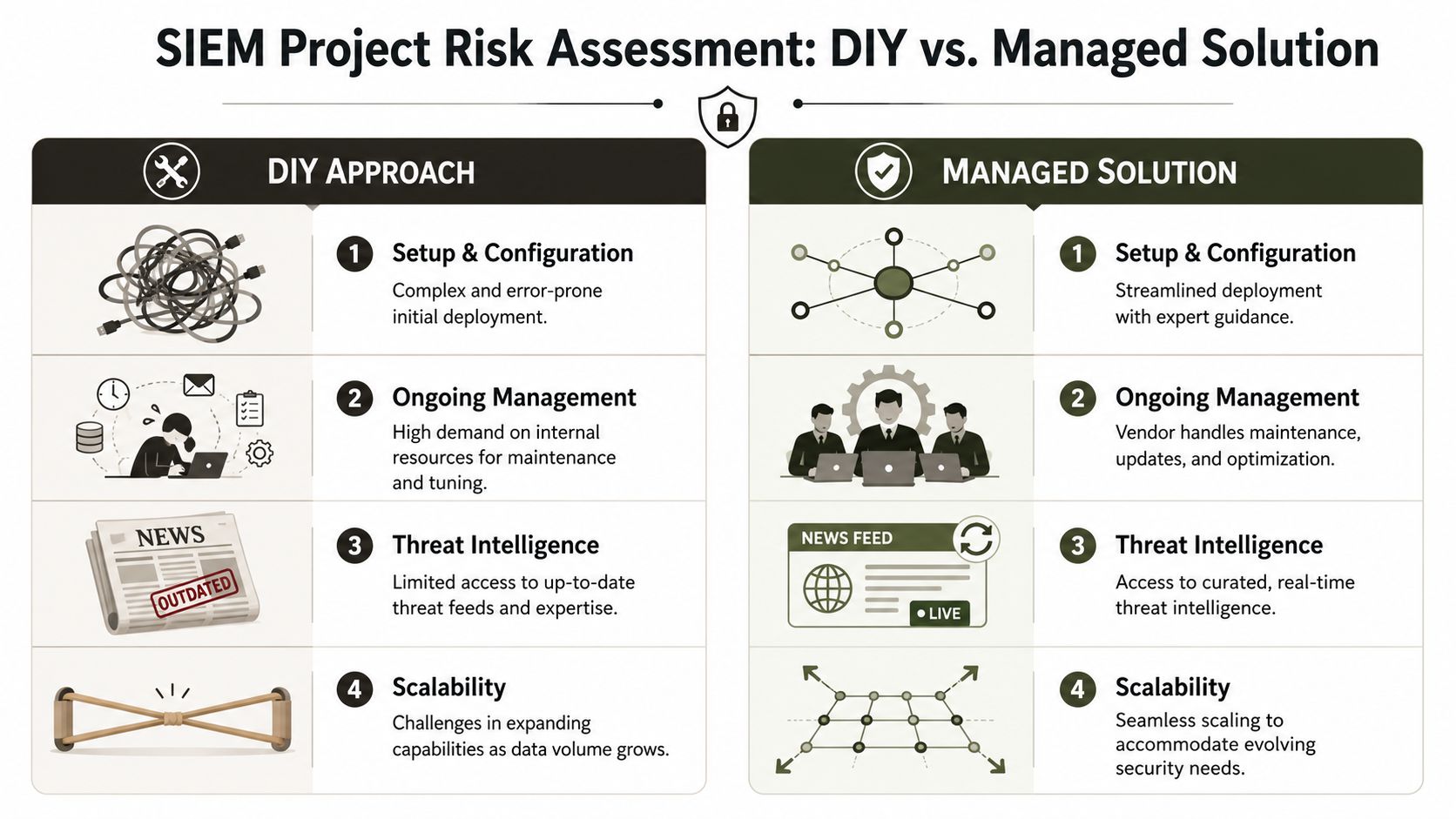 A comparison chart outlining risks between DIY and managed security information and event management project approaches.