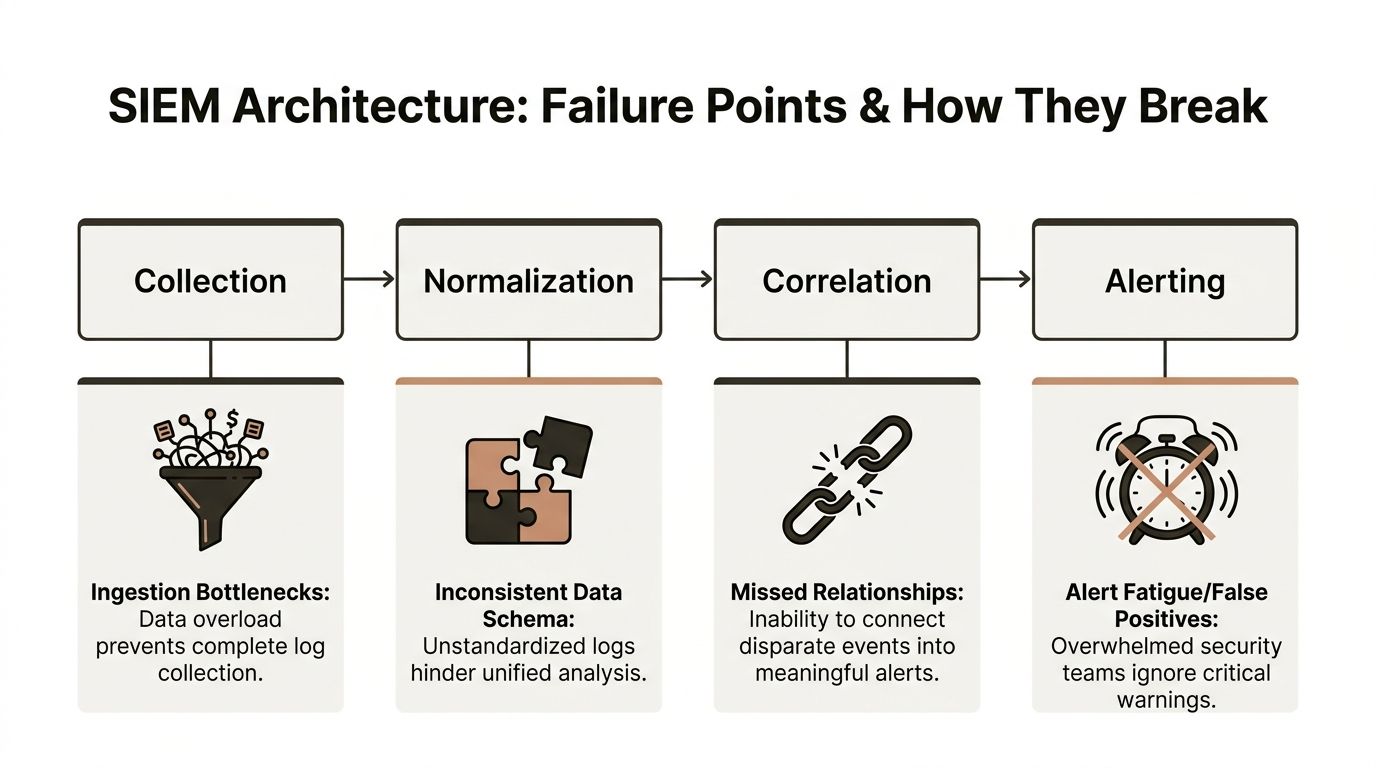A diagram illustrating the four primary failure points in a typical SIEM architecture: collection, normalization, correlation, and alerting.