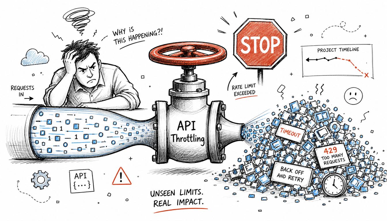 A hand-drawn illustration depicting API throttling with a stressed developer, a restricted valve, and error notifications.