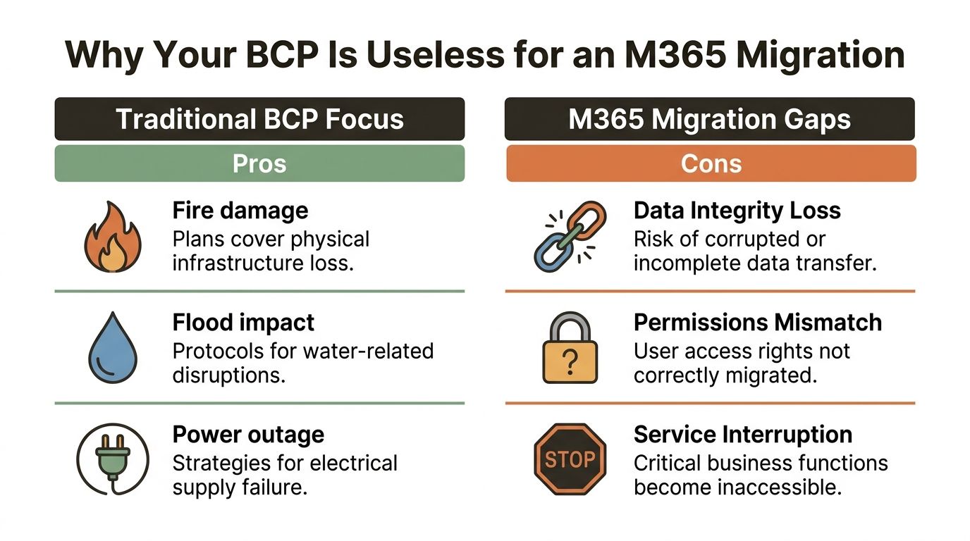 A comparison chart showing why traditional business continuity plans fail during Microsoft 365 migration projects.