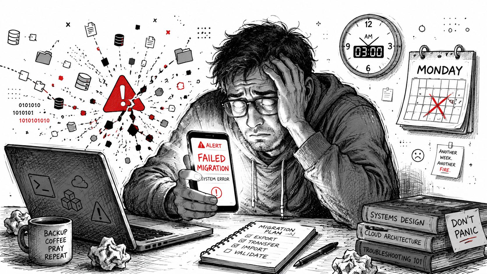 A stressed developer looking at a smartphone screen showing a failed system migration alert at 3 AM.