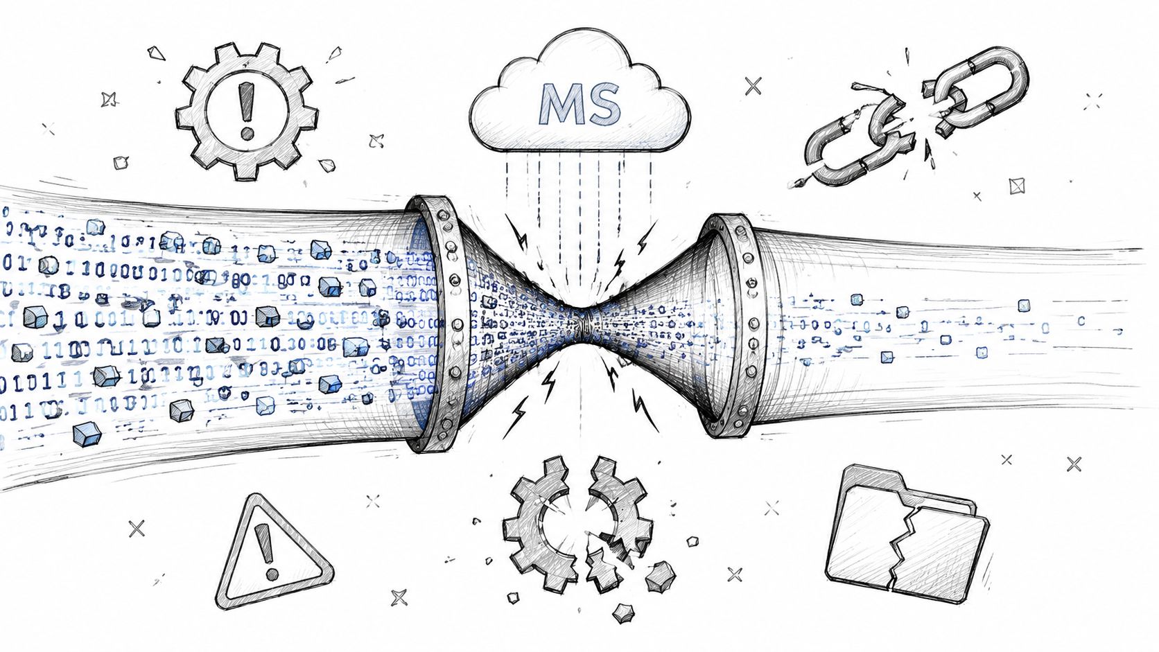 A conceptual illustration of a data pipeline experiencing a bottleneck, system error, and critical security issues.