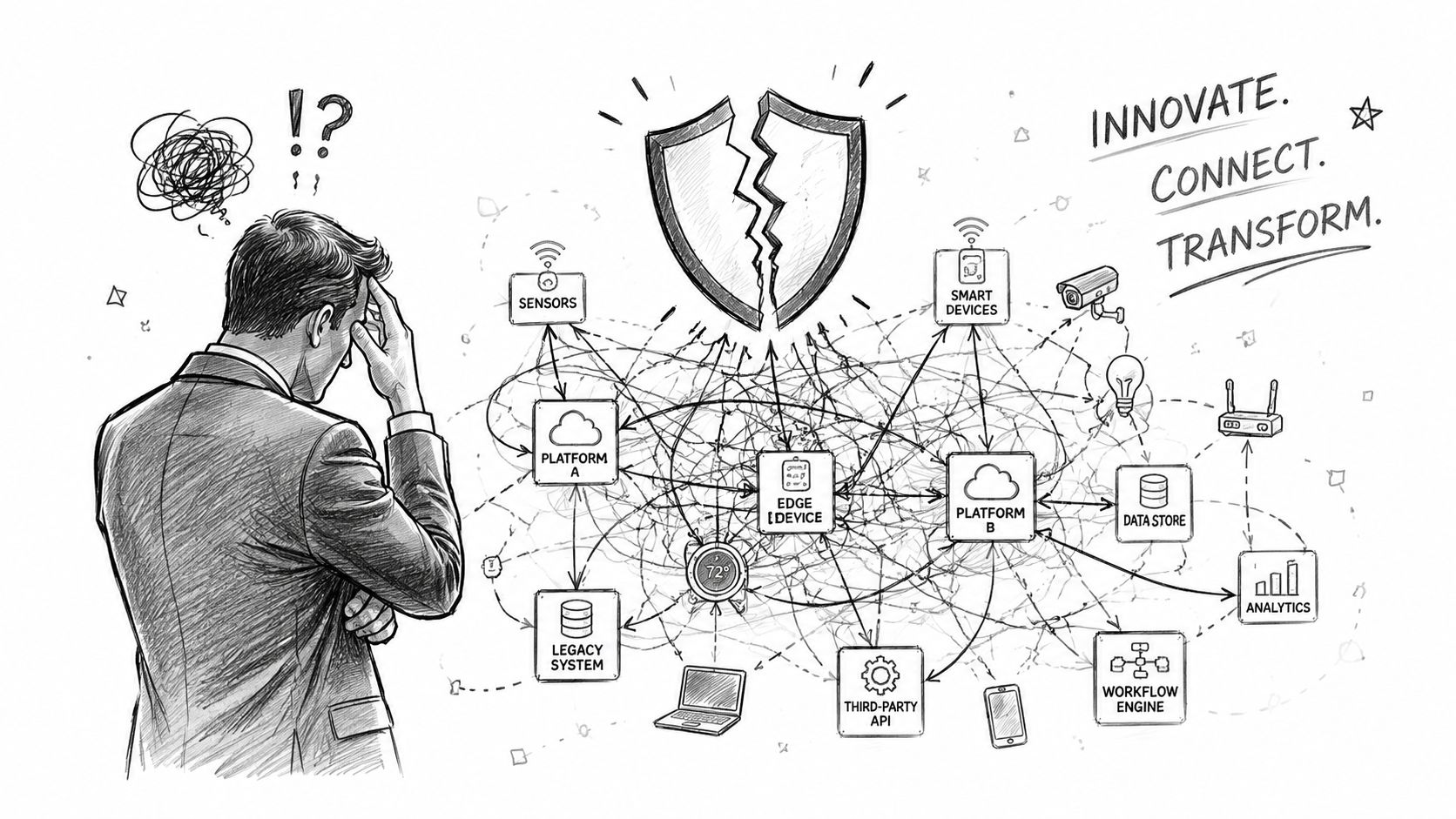 A professional man looking confused at a complex network diagram of interconnected internet of things devices.