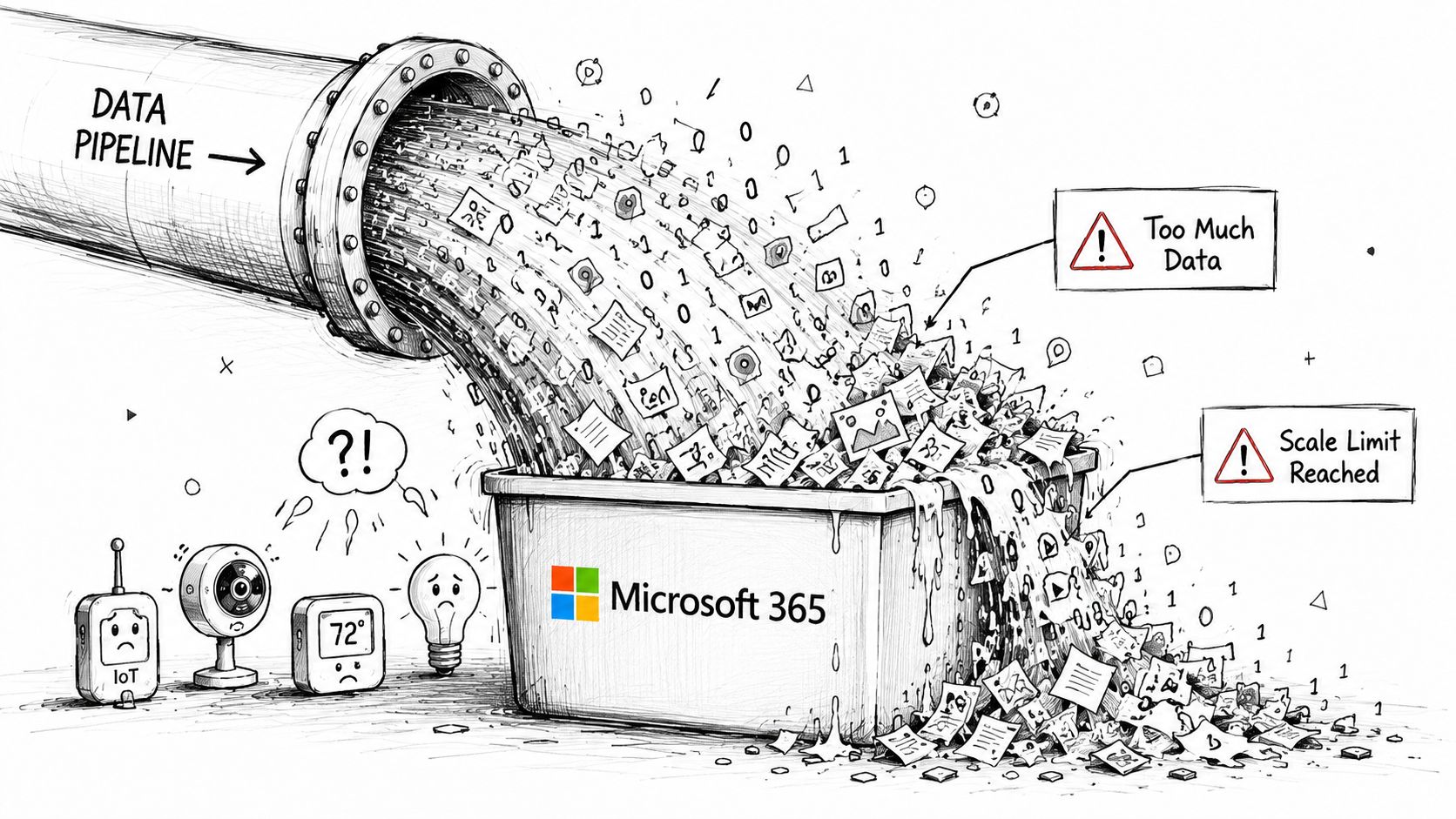 A pencil sketch illustrating a data pipeline overflowing into a Microsoft 365 container due to excessive data.