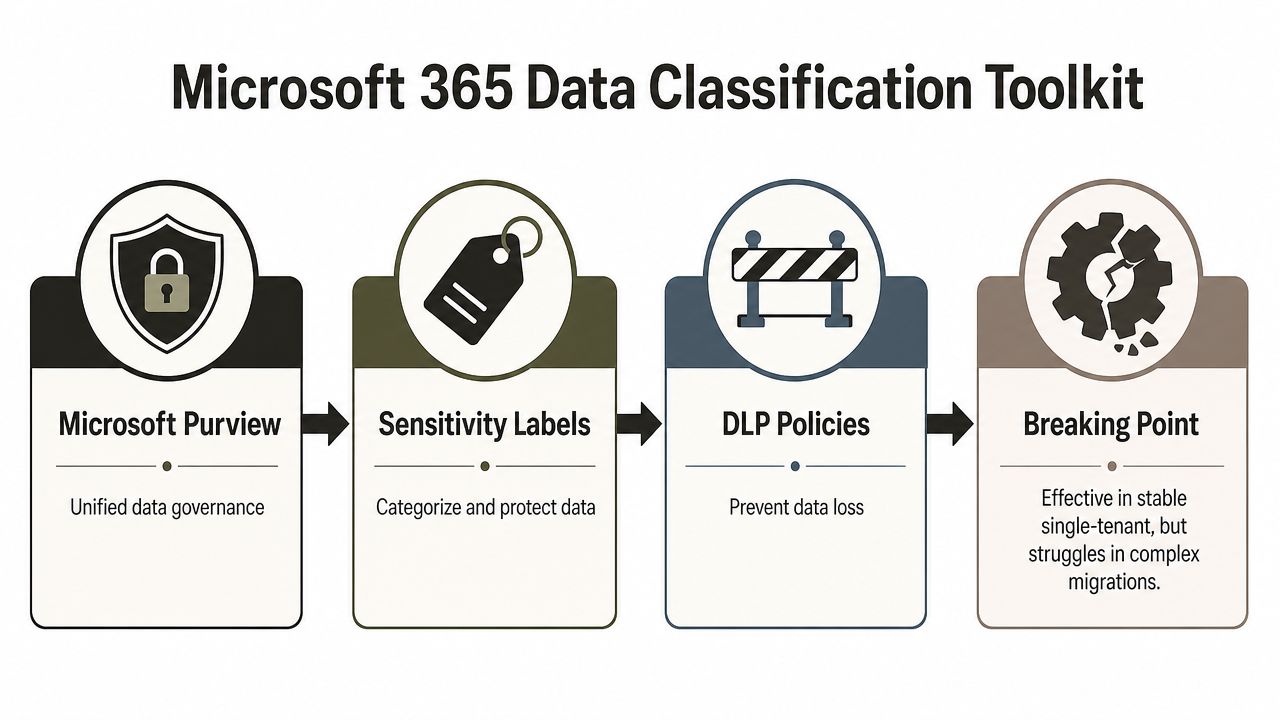 A diagram illustrating the Microsoft 365 data classification toolkit through four key process stages and tools.
