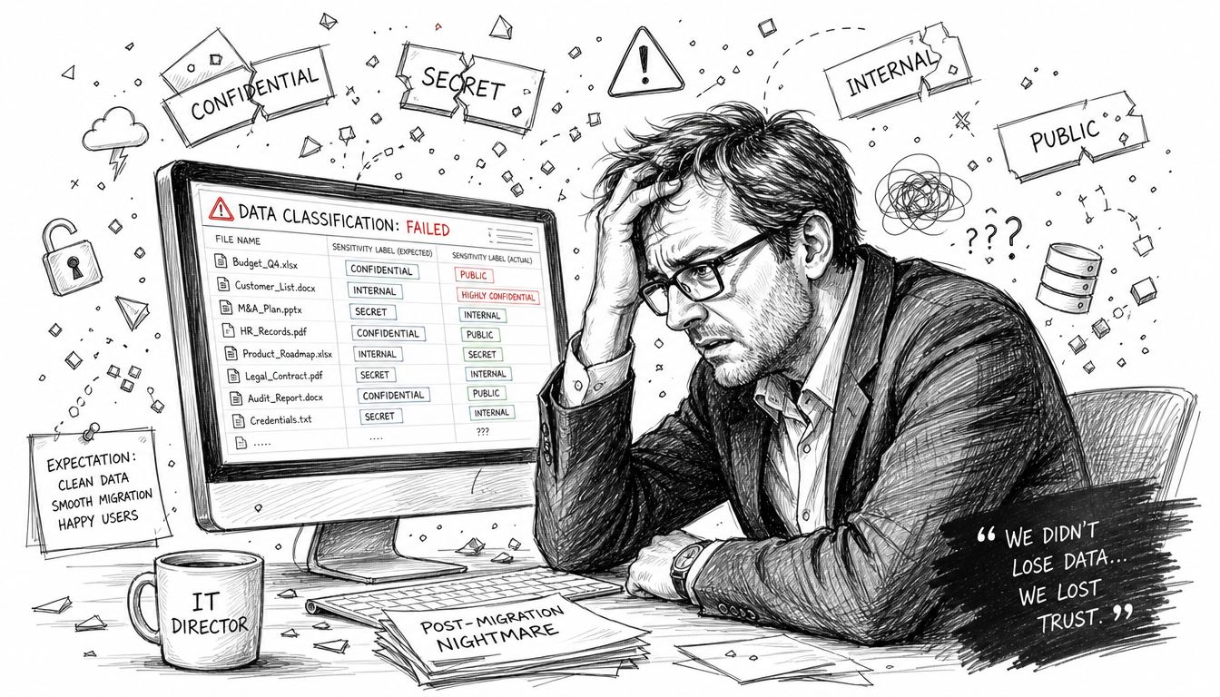 An overwhelmed IT director looking at a computer screen showing failed data classification results during a migration.