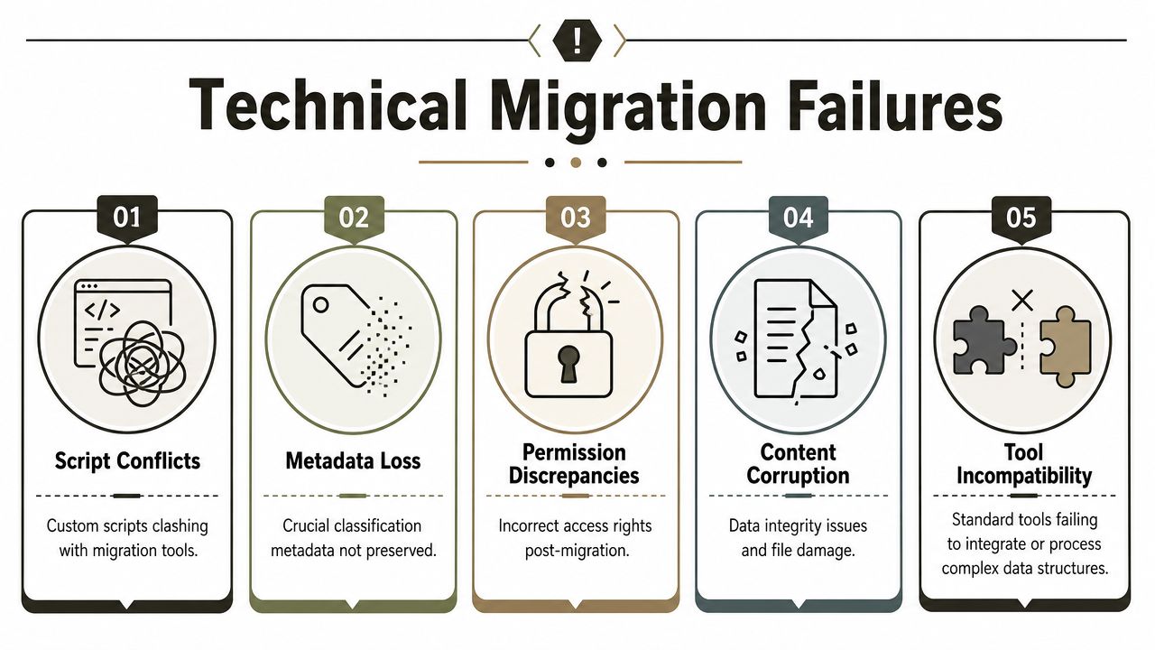 An infographic titled Technical Migration Failures listing five common obstacles encountered during digital data migration processes.