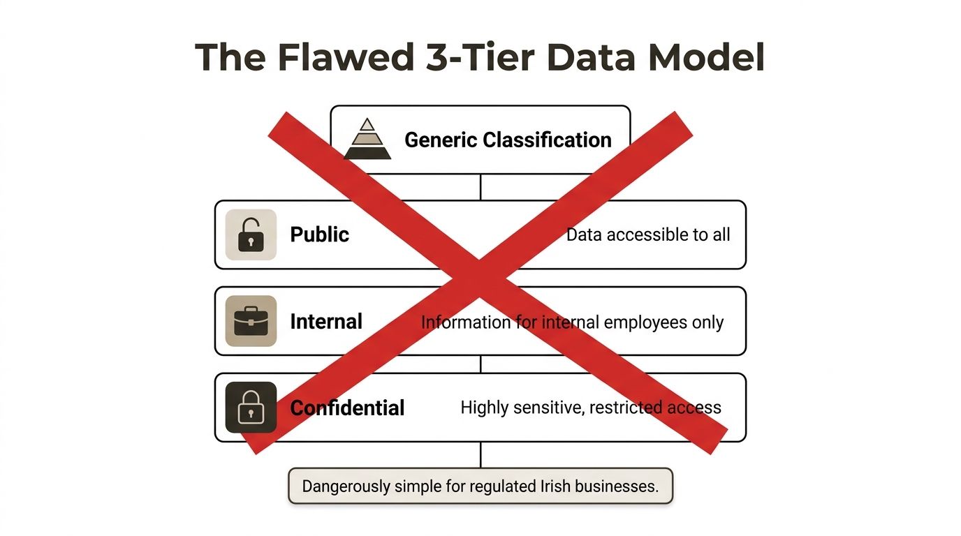 A diagram illustrating a flawed three-tier data classification model with levels for Public, Internal, and Confidential information.